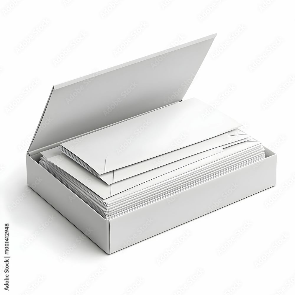 A white box containing blank stationery and envelopes, neatly arranged, ideal for office or home use. A white box containing blank stationery and envelopes, neatly arranged, ideal for office or home use.