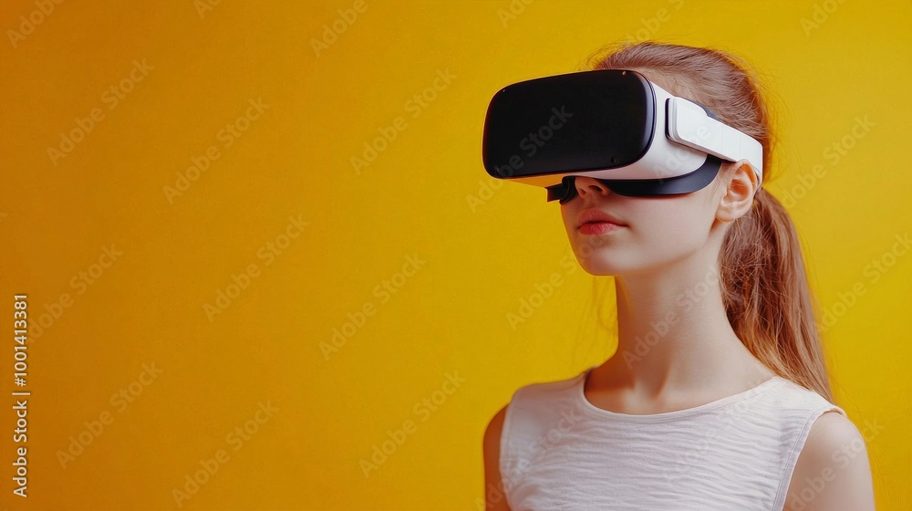 teen girl wear vr glasses on yellow background studio portrait with copy space teen girl wear vr glasses on yellow background studio portrait with copy space