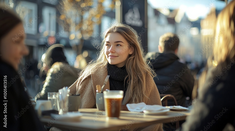 Young woman sitting in a cafe with a warm sweater enjoying a coffee Young woman sitting in a cafe with a warm sweater enjoying a coffee