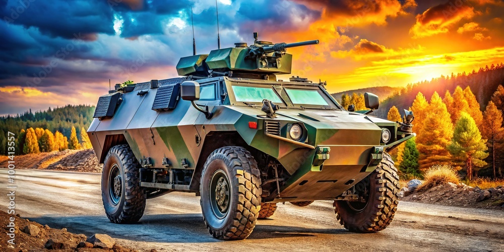 Fototapeta premium Advanced armored vehicle in a military landscape showcasing modern technology and defense capabilities