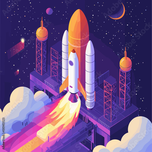 Isometric Rocket Launch Facility Illustration