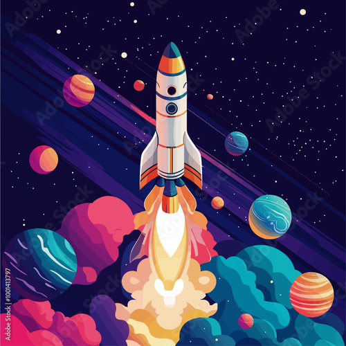 Isometric Rocket Launch with Satellite