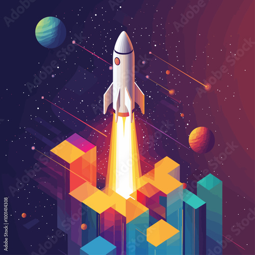 Isometric Rocket Launch with Satellite