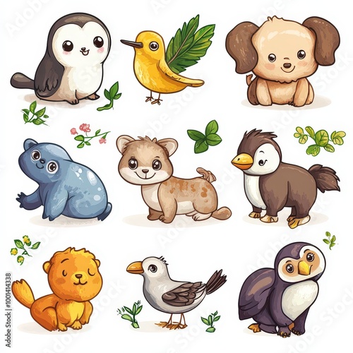 Cute cartoon animals including birds, a dog, and a bear in a whimsical style, perfect for children's illustrations. Seamless Texture Tile photo