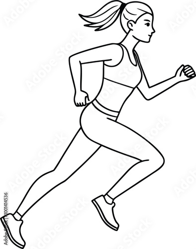 Full length shot of a young woman in sportswear running silhouette, Vector line art icon illustration.