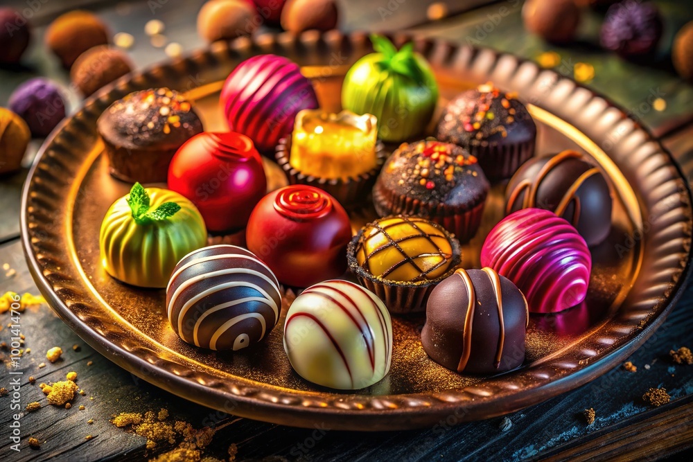 Fototapeta premium Assorted Chocolate Bonbons on a Decorative Plate Perfect for Celebrations and Sweet Treats
