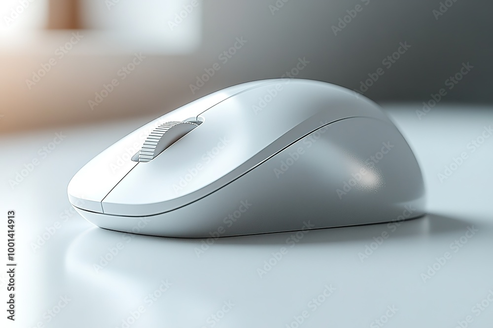 A white computer mouse is sitting on a table A white computer mouse is sitting on a table