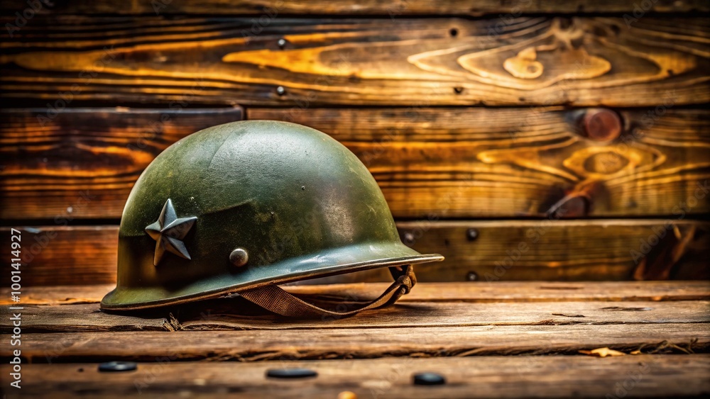 Authentic World War 2 US Military Helmet Displayed on a Rustic Wooden ...