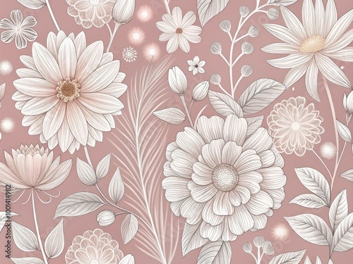 Wallpaper Mural Delicate, hand-drawn flowers in white outline against a pastel pink background, creating a whimsical and sophisticated botanical illustration, perfect for spring and feminine-inspired designs. Torontodigital.ca