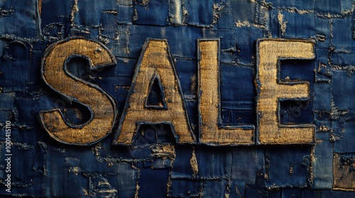 Golden Sale Sign on Denim Patchwork Background