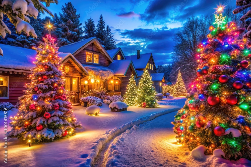 Beautiful Twinkling Christmas Lights Creating a Magical Holiday Atmosphere in a Winter Setting Beautiful Twinkling Christmas Lights Creating a Magical Holiday Atmosphere in a Winter Setting
