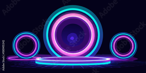 Set of glowing neon circles and rings, simulating the opening of portals or teleportation effects.