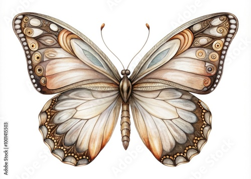 Delicate, hand-drawn illustration of a butterfly in a simple outline, featuring intricate wings and slender body, set against a clean white background. photo