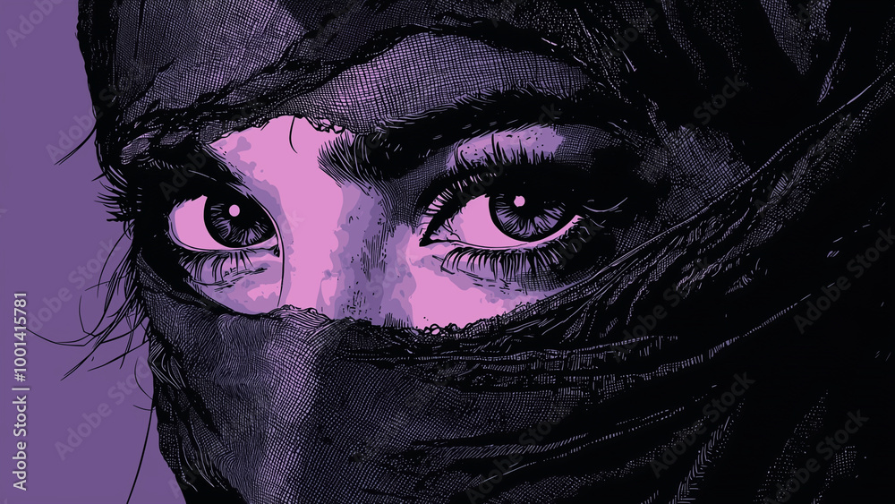 Veiled eyes peeking out from behind a burka - eyes, veil, face, purple, woman, mysterious, portrait, expression, gaze, masked, intense, close-up, emotion, beauty, illustration