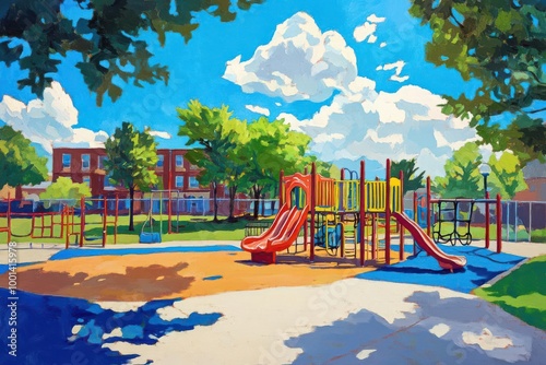 Wallpaper Mural Capture a vibrant, sprawling playground during recess in vivid colors, blending traditional oil painting techniques with digital enhancements Torontodigital.ca
