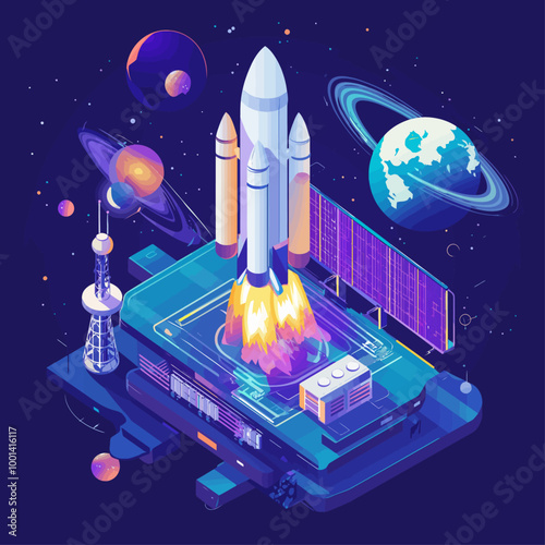 Satellite Deployment From Rocket in Isometric Illustration