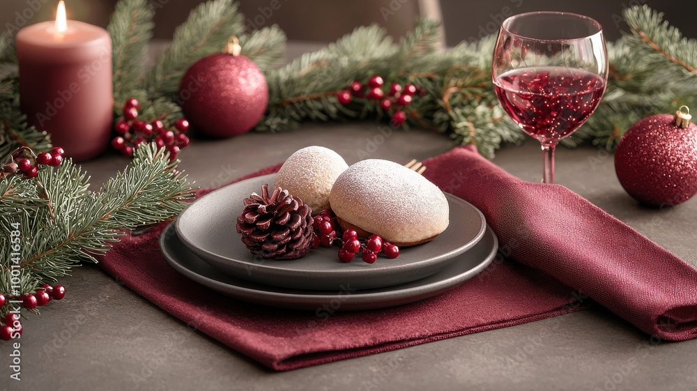 Elegant holiday dessert setting with pinecone, berries, and festive decorations. Elegant holiday dessert setting with pinecone, berries, and festive decorations.