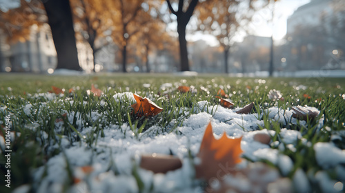 Orange autumn leaves scattered on snow-covered grass in a park, highlighting the seasonal transition from fall to winter with trees in the background.
