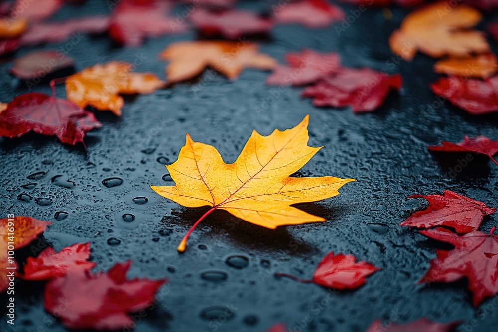 A single yellow leaf is on top of a pile of red leaves A single yellow leaf is on top of a pile of red leaves