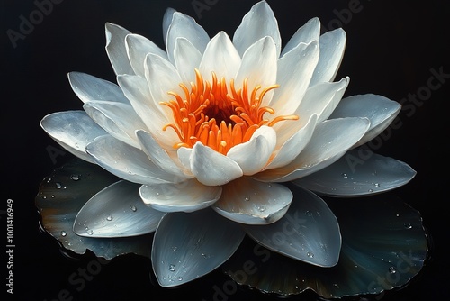 A white flower with orange petals is sitting on a dark background