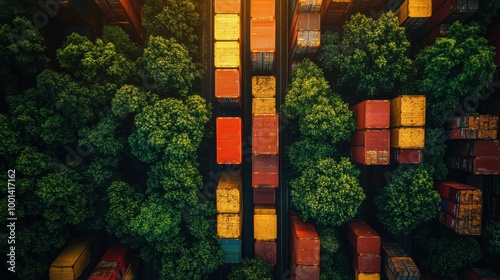 Aerial View of Cargo Containers Surrounded by Trees