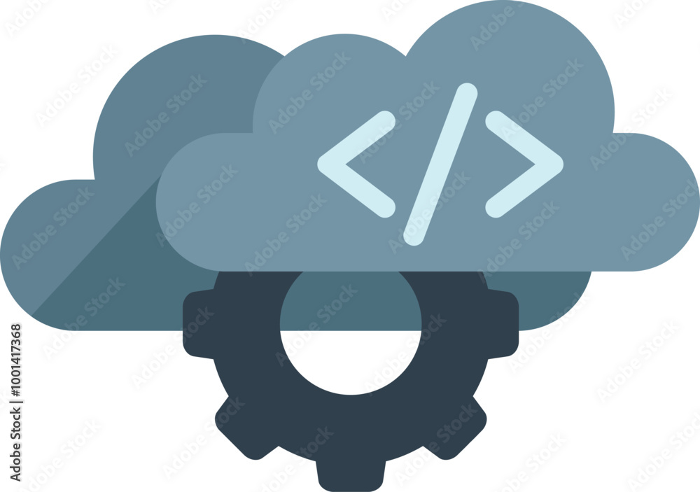Simple flat vector illustration of a cloud with code brackets over a gear representing cloud computing development Simple flat vector illustration of a cloud with code brackets over a gear representing cloud computing development