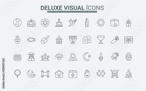 Christianity and Buddhism, Islam and Judaism temples and religious elements, holy book and prayer thin black outline symbols vector illustration. Different world religions line icons set.