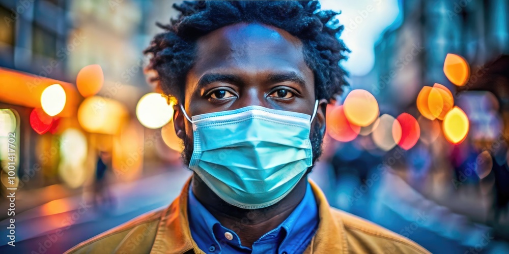 Black man wearing a face mask with a serious expression, highlighting health and safety awareness Black man wearing a face mask with a serious expression, highlighting health and safety awareness