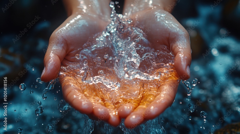 Fototapeta premium Enjoying Fresh Water from a Waterfall: Nature's Refreshing Splash in Hands