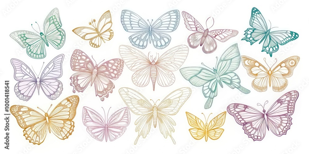 Delicate, hand-drawn outline of various butterfly species in pastel colors, showcasing intricate wing details and gentle curves, set against a soft white background. Delicate, hand-drawn outline of various butterfly species in pastel colors, showcasing intricate wing details and gentle curves, set against a soft white background.