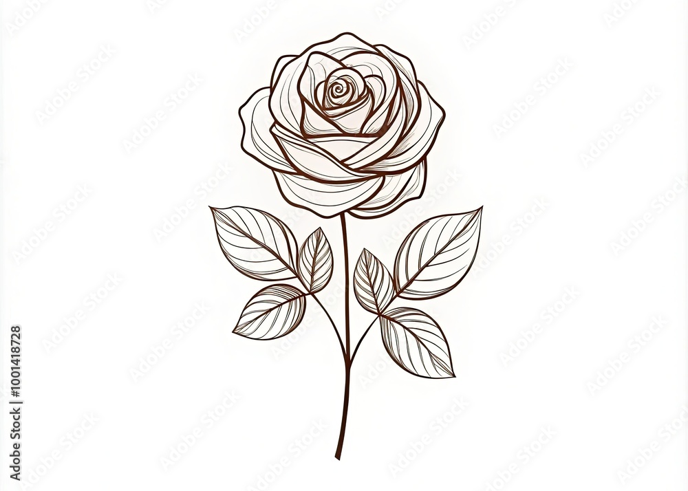 Delicate, hand-drawn rose illustration in minimalist line art style, featuring intricate petals and stems in bold black lines on a clean white background.
