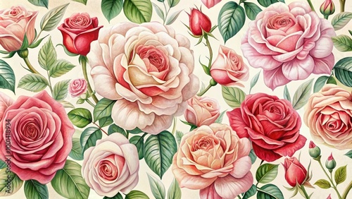 Delicate, hand-drawn roses in soft pink and red hues, intricately illustrated with subtle texture and gentle petals, perfect for romantic and elegant designs.