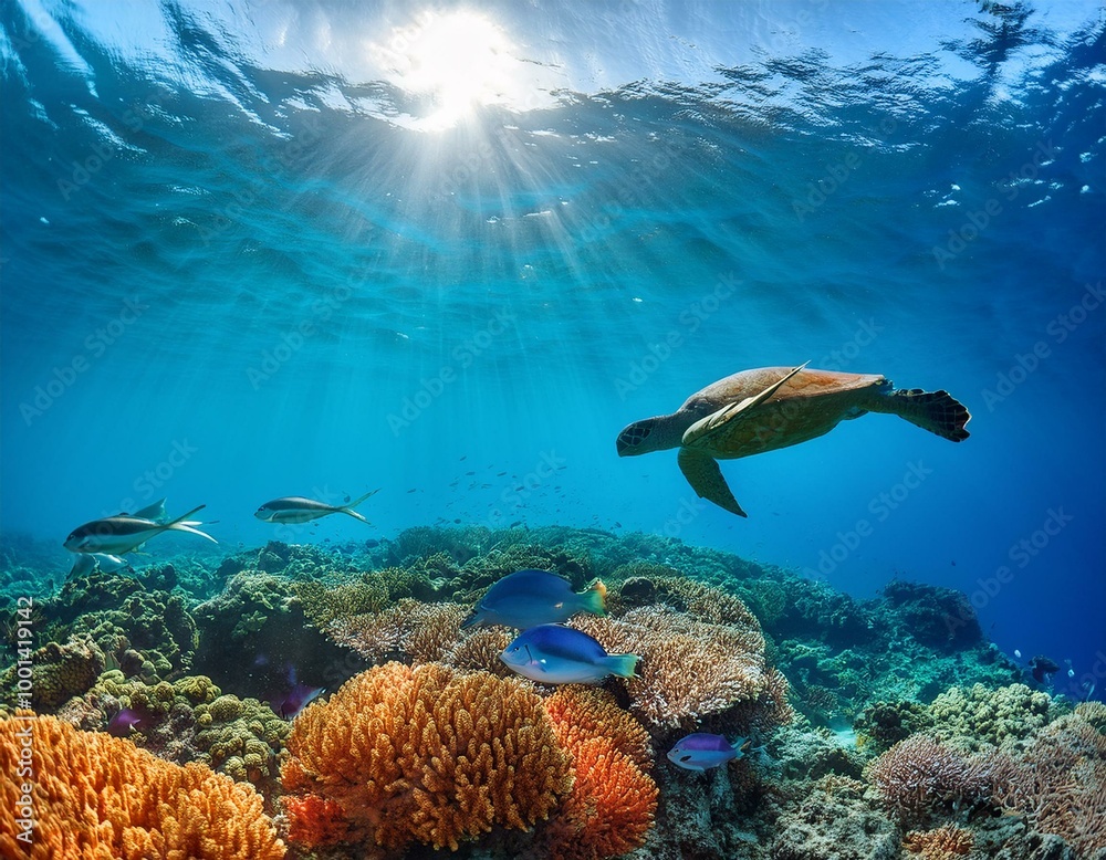 Fototapeta premium 透き通る青い海の中、色とりどりのサンゴ礁と魚たちが泳ぐ海底の世界。エメラルドグリーンに輝く水の中はウミガメヤイルカ、カラフルな熱帯魚が潜んで、太陽の光が水面から差し込んで海中