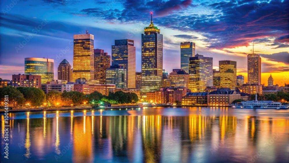 Fototapeta premium Boston Skyline Outline Against a Clear Sky, Iconic Buildings and Structures Silhouetted at Dusk