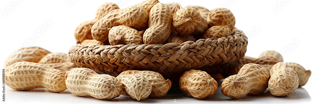 Macro closeup photograph of peanuts on a woven bowl in white background Macro closeup photograph of peanuts on a woven bowl in white background