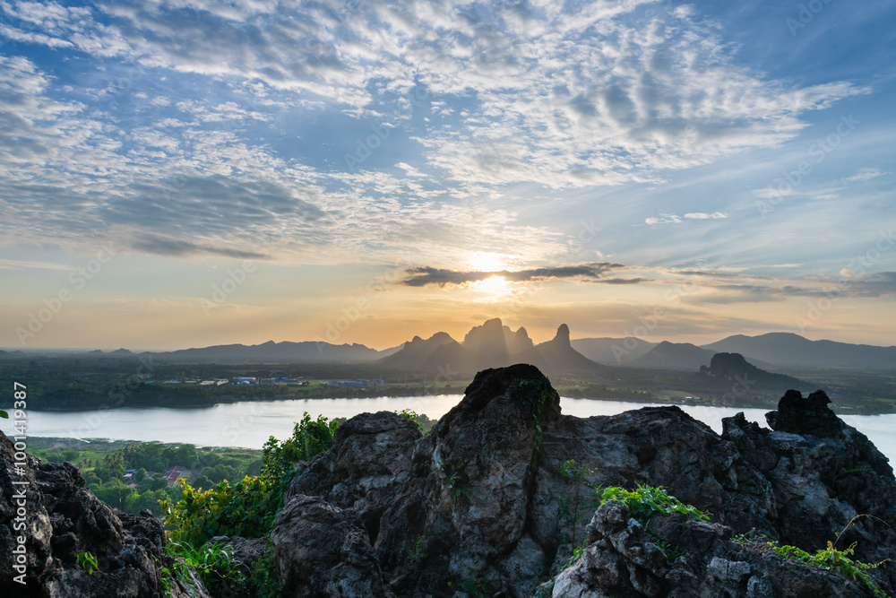 Fototapeta premium Landscape of Mountains and lakes in sunset at Phu Sub Lek Reservoir, Lopburi,