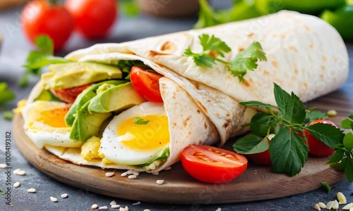 Breakfast wrap with scrambled eggs, avocado, and veggies, modern kitchen