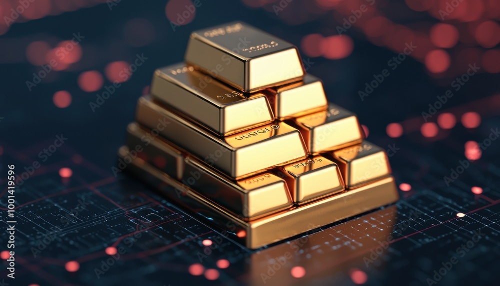 Pyramid of gold bars on a reflective surface with blurred background.