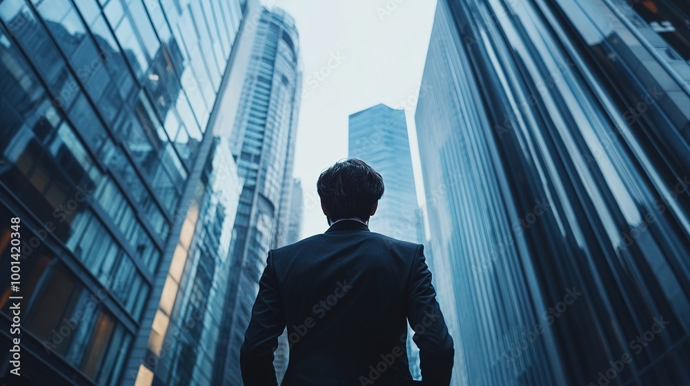 Businessman in Suit Against Urban Skyscraper Background Businessman in Suit Against Urban Skyscraper Background