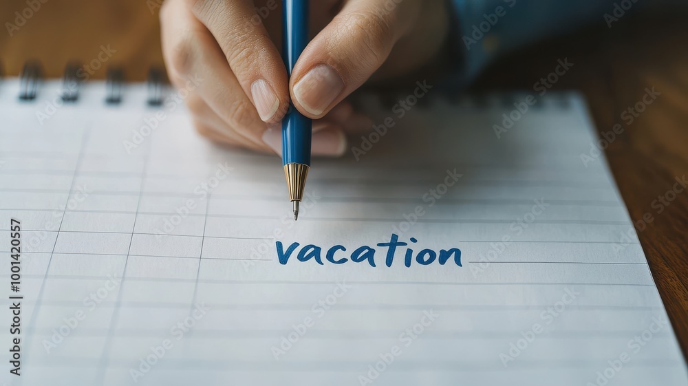 Writing notes for vacation planning with a blue pen on blank notebook. Writing notes for vacation planning with a blue pen on blank notebook.