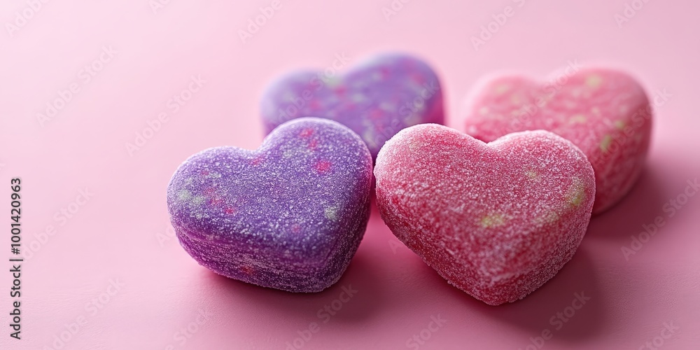 Obraz premium Sweetheart candies in a sugary coating, arranged in a heart shape on a pink background