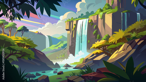 A majestic waterfall cascading down a cliff in a dense jungle, with mist rising and sunlight filtering through the canopy, creating a rainbow effect