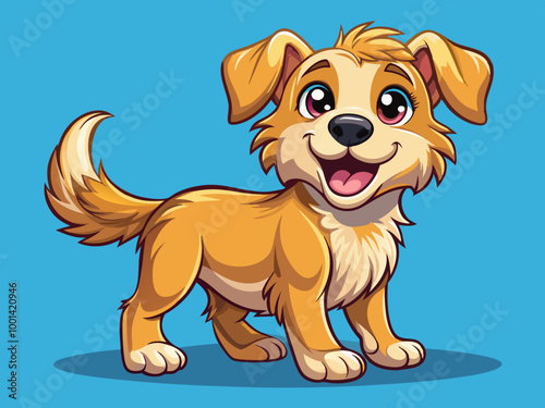 A playful puppy wagging its tail, smiling widely, and set against a solid sky blue background for a fun, energetic feel