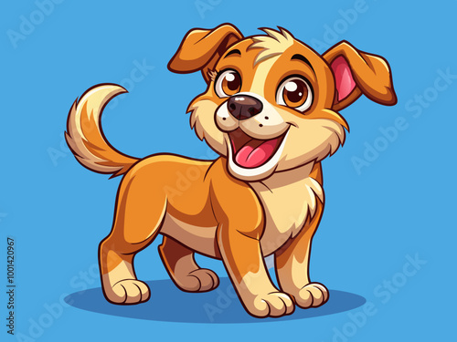 A playful puppy wagging its tail, smiling widely, and set against a solid sky blue background for a fun, energetic feel