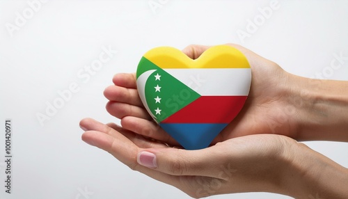 手で持っているコモロの国旗のハート(Heart of Comoros flag held in hand.) 