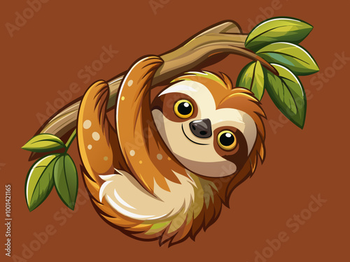 A smiling sloth hanging upside down from a branch, with a solid brown background to create a warm and cozy atmosphere