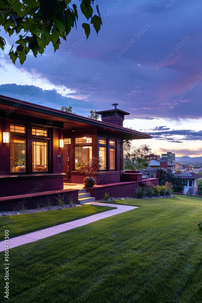 Chic urban craftsman house in deep maroon, featuring clean lines, a manicured lawn, and a twilight cityscape. Chic urban craftsman house in deep maroon, featuring clean lines, a manicured lawn, and a twilight cityscape.