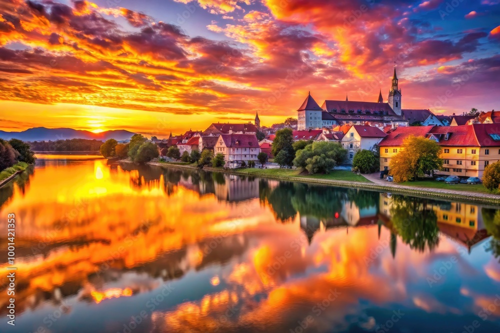 Fototapeta premium Breathtaking Sunrise Over Maribor's Skyline with Vibrant Colors Reflecting on the River Drava