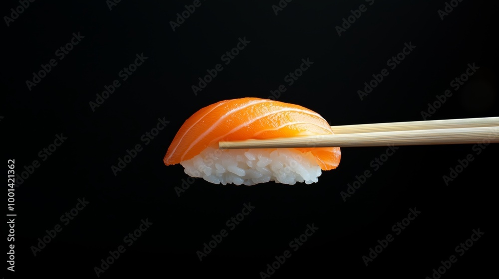 Close-Up of Salmon Nigiri Sushi Held by Wooden Chopsticks Against Black Background Close-Up of Salmon Nigiri Sushi Held by Wooden Chopsticks Against Black Background