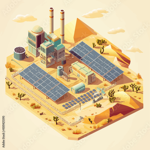 Isometric Solar Power Plant in Desert